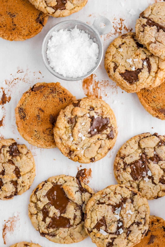 chocolate chip cookies on parchment paper.