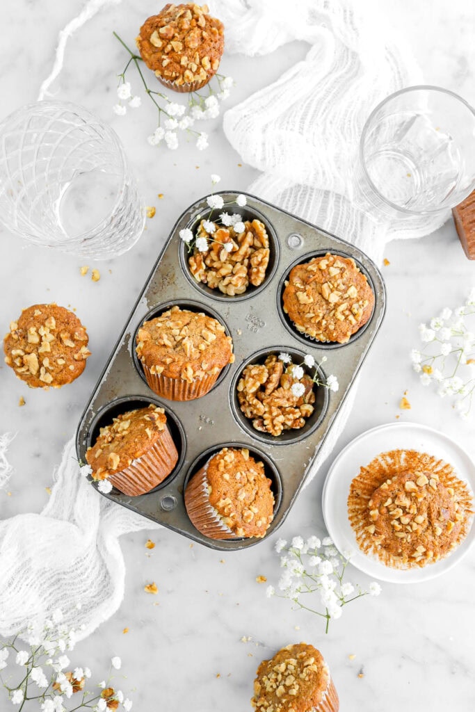banana nut muffins in muffin pan.